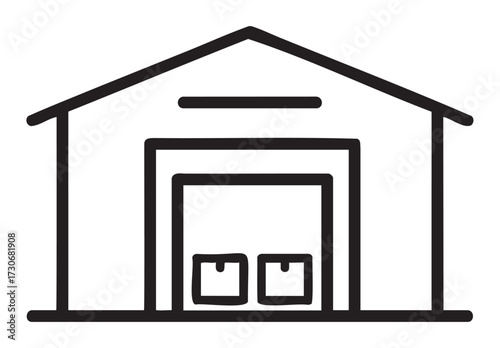 Simple warehouse line icon with boxes and loading dock - stock vector