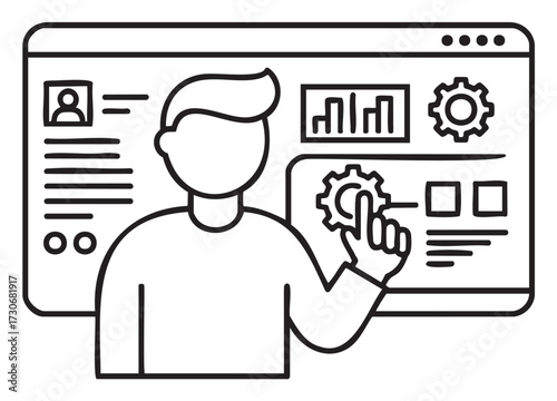 Outline of person navigating digital interface with graphs and settings icon - stock vector