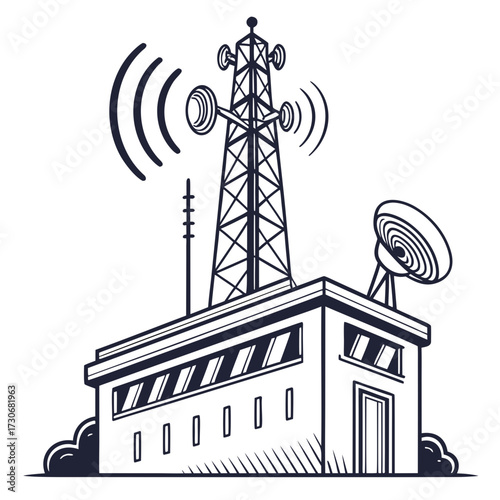 Communication tower and satellite dish atop a modern building broadcasting signals into the air