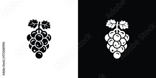 Black and White Ripe Grapes Cluster with Leaves Icon on Contrasting Backgrounds