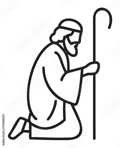 Simple line art illustration of kneeling shepherd with staff - stock vector