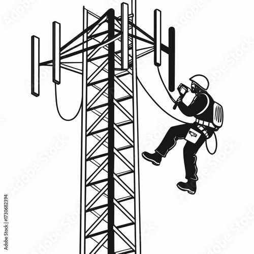 Silhouette of a worker in safety gear rappelling down a cell tower with antennas and equipment