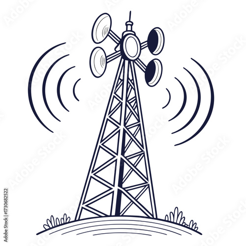 Stylized line drawing of a communication tower broadcasting signals across a landscape with wavy lines