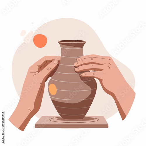 Hands molding clay pottery on a pottery wheel in minimalist style  