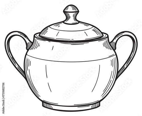 Vintage sugar bowl with handles and lid in black and white line art style - stock vector