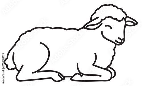 Cute smiling sheep line art illustration in simple style - stock vector