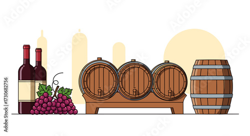 Grapes and wine barrels are aging in a vineyard with a city skyline in the background.