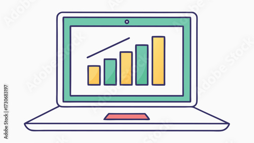 Laptop displaying a rising bar graph and line chart