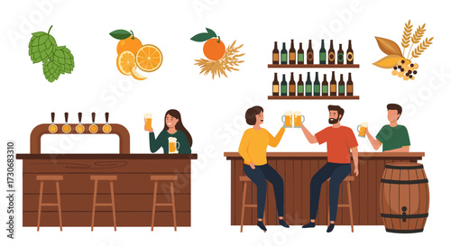 People enjoying craft beer at a bar with ingredients for brewing like hops oranges and barley.