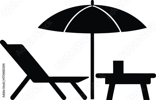 Beach Chair and Umbrella Silhouette. Black Vector Vacation Illustration. Vacation Icon. Beach Chair, Umbrella, Table Black Silhouette.