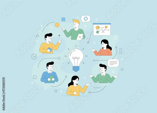 An illustration depicting teamwork and the collaborative generation of ideas. Six diverse individuals are shown engaging in dynamic brainstorming session.