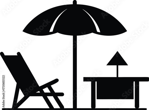 Beach Chair and Umbrella Silhouette. Black Vector Vacation Illustration. Vacation Icon. Beach Chair, Umbrella, Table Black Silhouette.