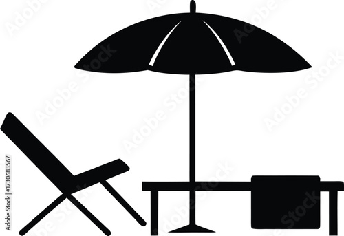 Beach Chair and Umbrella Silhouette. Black Vector Vacation Illustration. Vacation Icon. Beach Chair, Umbrella, Table Black Silhouette.