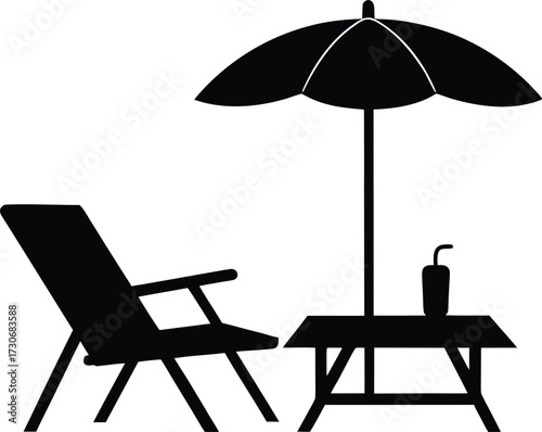 Beach Chair and Umbrella Silhouette. Black Vector Vacation Illustration. Vacation Icon. Beach Chair, Umbrella, Table Black Silhouette.