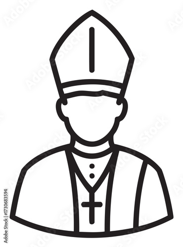 Black and white icon of male religious leader wearing clerical attire with cross necklace - stock vector