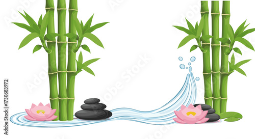 Tranquil bamboo grove with flowing water and delicate lotus flowers creates a serene natural landscape.