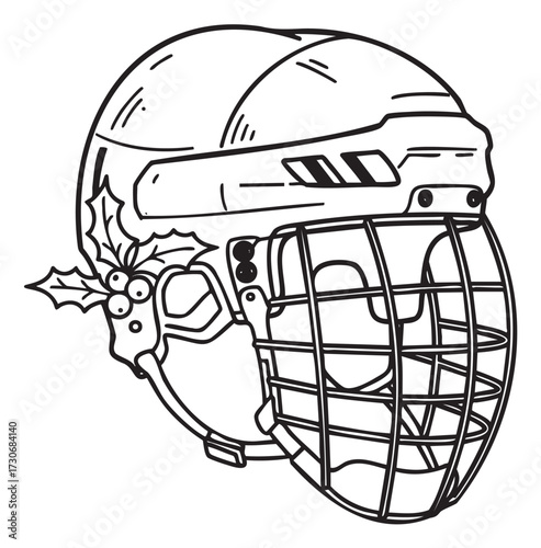 Ice hockey helmet with holly decoration line art - stock vector