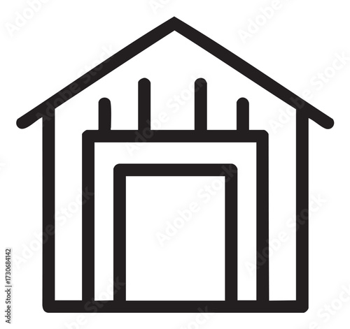 Simple black and white warehouse icon outline with large door - stock vector