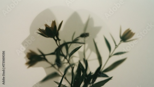 The image presents a soft, minimalist composition featuring a silhouette of a human face formed by shadows on a plain background, with delicate greenery and flower stems in the foreground,