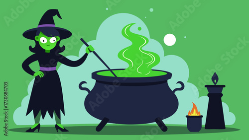 Spooky witch stirs bubbling cauldron under mystical moonlit sky