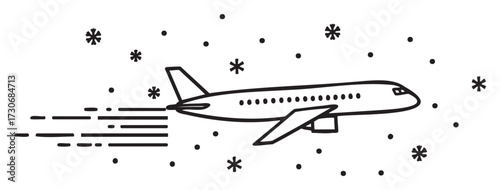 Simple black and white airplane doodle with snowflakes - stock vector