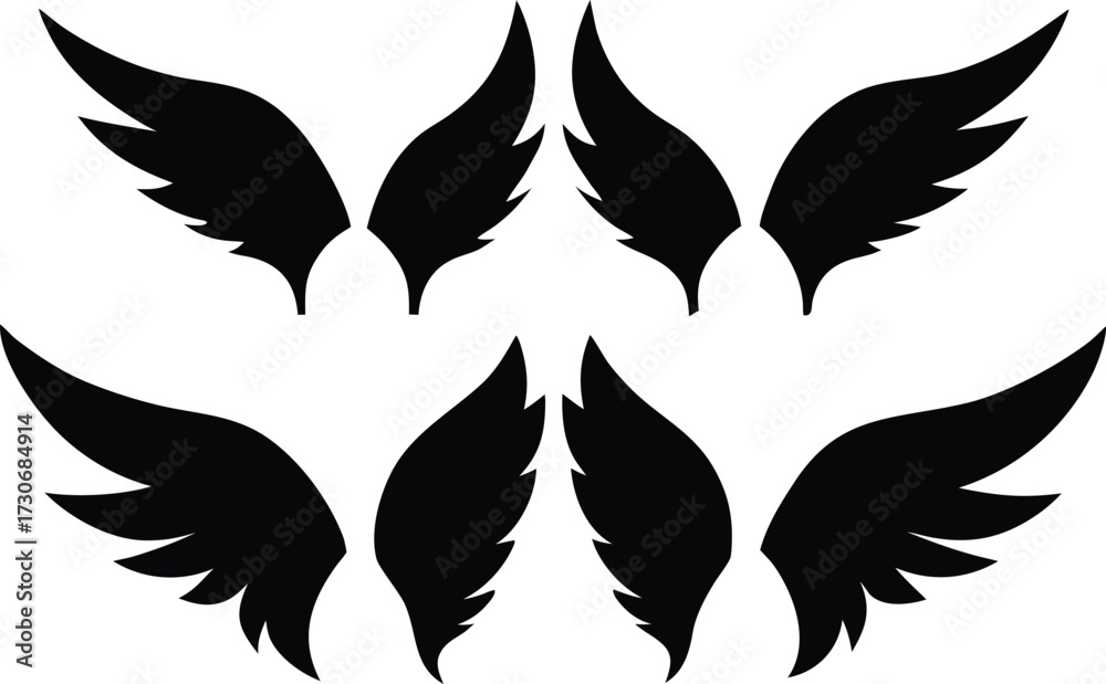Fototapeta premium Black Wing Silhouette Set. Multiple Vector Icons and Designs. Set of Wing Silhouettes. Black Vector Collection on White Background. 