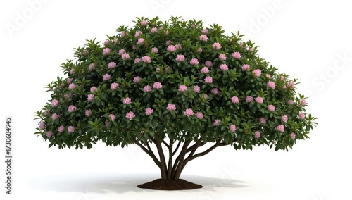 A blooming shrub showcases vibrant pink flowers amidst lush green foliage, presented against a clean white backdrop, offering a natural and aesthetically pleasing composition, with a detailed...