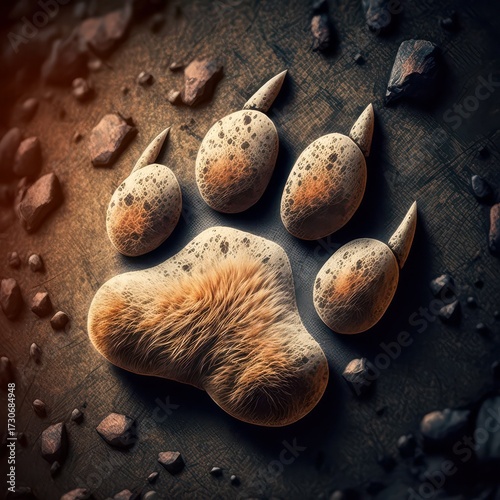 Large animal paw print, made of stones against a backdrop of rough terrain and scattered rocks.