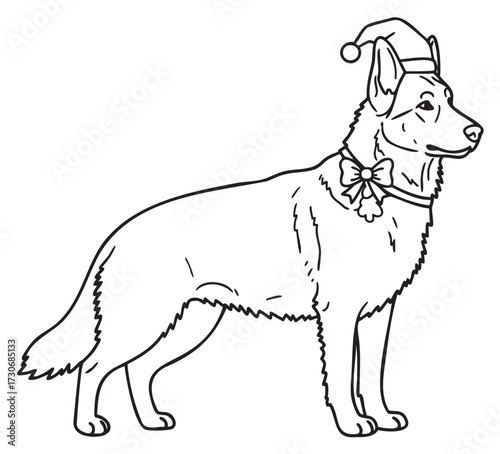 German shepherd in santa hat with bowtie outline drawing - stock vector