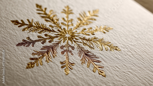 Elegant gold snowflake design embossed on textured card background  