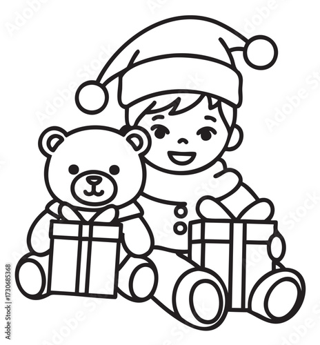 Young caucasian child in santa hat with teddy bear and gifts coloring page - stock vector