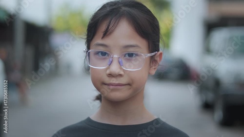 Close up face of adorable Asian girl wearing glasses, looking straight at the camera with a calm expression. Blurred urban background, natural light, capturing childhood innocence and thoughtful mood.