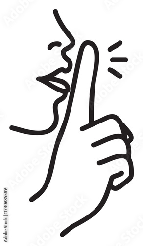 Silence gesture: person holding finger to lips in quiet sign line art - stock vector