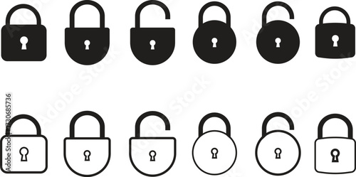Set of Black Lock and Unlock Security Vector Icons 

