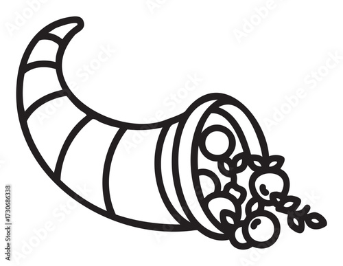 Cornucopia outline with fruits and vegetables for harvest and thanksgiving theme - stock vector