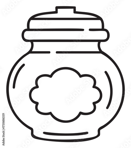 Black and white outline of cookie jar with lid and label space - stock vector