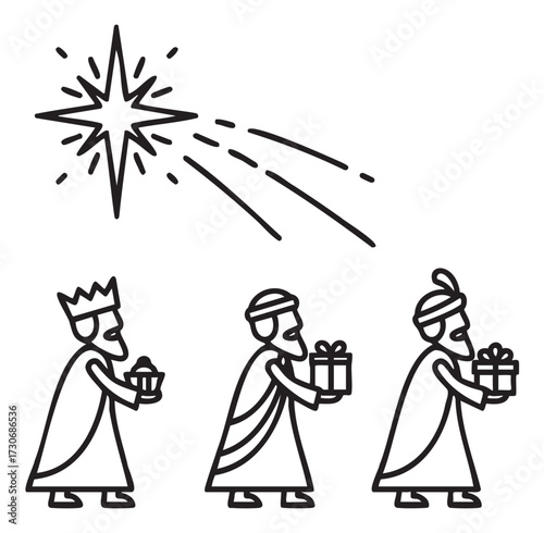 Three wise men following star line art illustration - stock vector