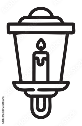 Black and white outline of vintage lantern with candle flame - stock vector