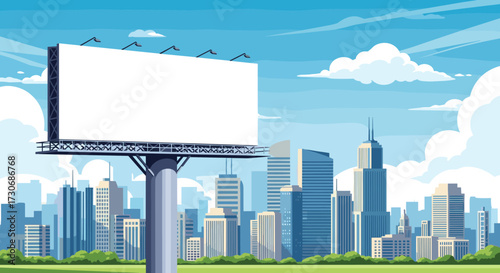 A large empty billboard stands tall in an urban landscape under a bright blue sky.
