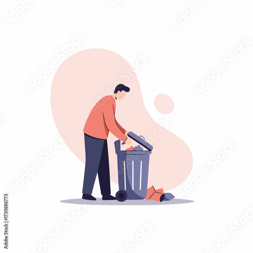 Man throwing away trash into bin with colorful background  