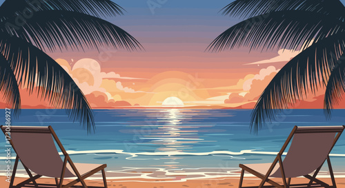 Serene beach scene with two empty lounge chairs facing a vibrant sunset over the ocean.