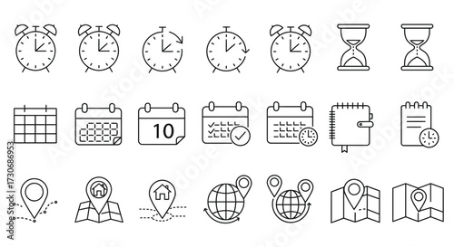 Time and Location Icon Set – Clocks Calendars Maps and Navigation Symbols