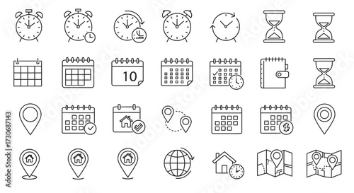 Time and Location Icon Set – Clocks Calendars Maps and Navigation Symbols