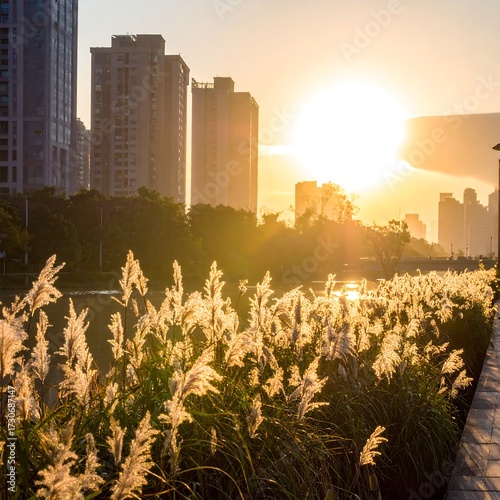 City sunrise over a canal with tall grass