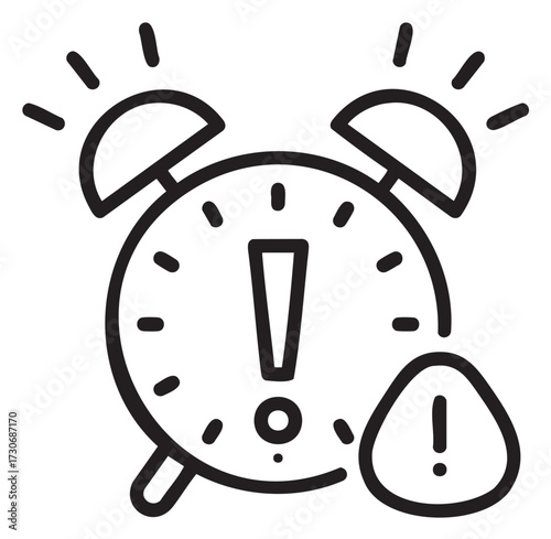 Alarm clock outline with exclamation marks indicating urgency and alertness - stock vector