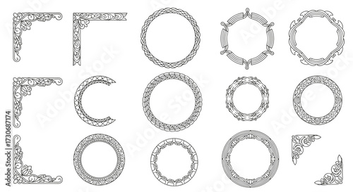 collection of elegant decorative ornamental frames and corners in vintage style.