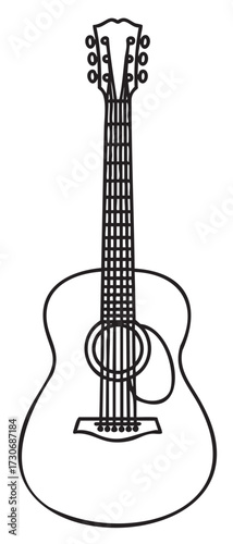 Black and white acoustic guitar outline drawing with detailed strings - stock vector