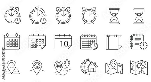 Time and Location Icon Set – Clocks Calendars Maps and Navigation Symbols