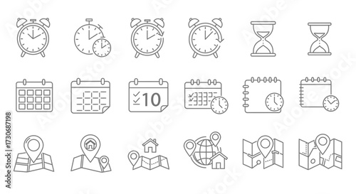 Time and Location Icon Set – Clocks Calendars Maps and Navigation Symbols
