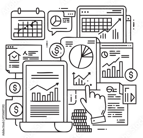 Data analytics illustration: charts, graphs, and financial reports with growth indicators - stock vector